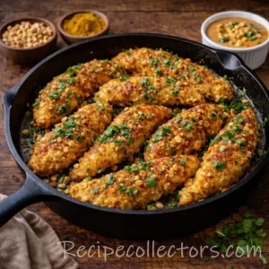 curry peanut chicken tenders coated in creamy sauce served in a skillet on a dark rustic wooden table