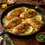 lemon butter chicken in a skillet with garlic butter sauce on a dark rustic wooden table