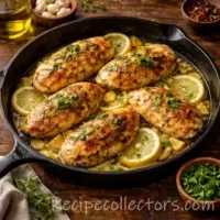 lemon butter chicken in a skillet with garlic butter sauce on a dark rustic wooden table
