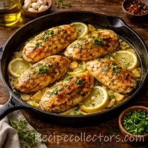lemon butter chicken in a skillet with garlic butter sauce on a dark rustic wooden table