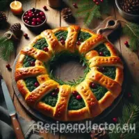 Vegan Christmas Wreath Pastry filled with spinach, tofu, herbs, and cranberries baked until golden on a festive serving platter.