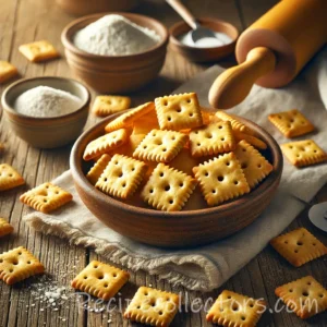 Homemade Cheese Nips with crispy cheddar crackers served in a rustic bowl on a wooden table.