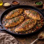 honey garlic chicken skillet with tender chicken coated in a glossy honey garlic glaze
