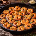 honey garlic shrimp coated in a sticky glaze served in a skillet on a very dark heavy rustic oak wooden table