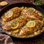 lemon garlic chicken skillet with juicy chicken in a bright lemon garlic sauce