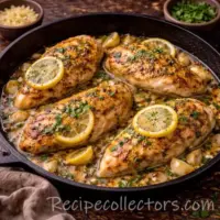 lemon garlic chicken skillet with juicy chicken in a bright lemon garlic sauce