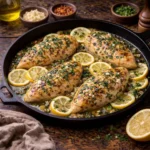lemon herb chicken skillet with juicy chicken, garlic, and fresh herbs