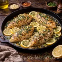 lemon herb chicken skillet with juicy chicken, garlic, and fresh herbs