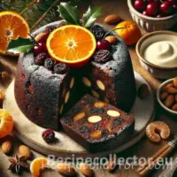 Traditional Mandarin Christmas Pudding with a whole mandarin center on a rustic Christmas table.