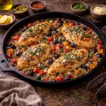 mediterranean chicken skillet with juicy chicken, tomatoes, olives, and feta