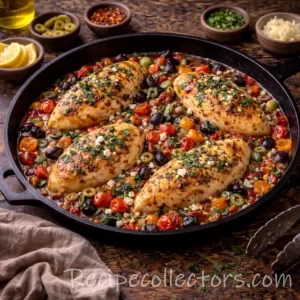 mediterranean chicken skillet with juicy chicken, tomatoes, olives, and feta