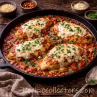 mozzarella chicken skillet with juicy chicken in tomato basil sauce topped with melted mozzarella