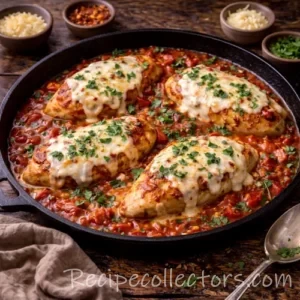 mozzarella chicken skillet with juicy chicken in tomato basil sauce topped with melted mozzarella