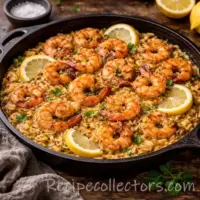 One-pan garnalen met orzo, citroen en knoflook in een gietijzeren skillet op een donkere robuuste houten tafel.