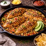 one-pan taco chicken skillet with seasoned chicken, beans, and vegetables