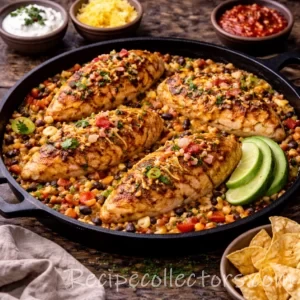 one-pan taco chicken skillet with seasoned chicken, beans, and vegetables