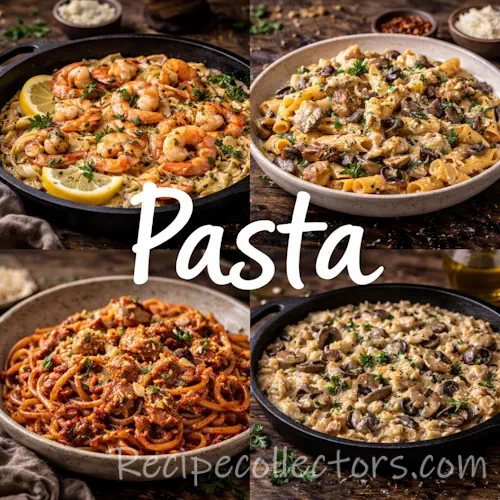 Pasta recipes with homemade pasta dishes on a rustic wooden table