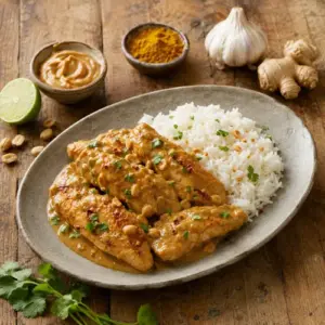 Peanut curry chicken tenders in a creamy coconut sauce