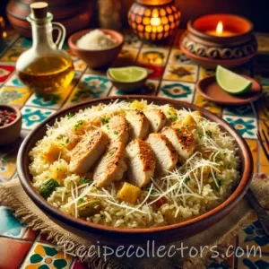 Pilaf with chicken, beer, and Parmesan served in a cozy, vibrant Mexican-style setting.