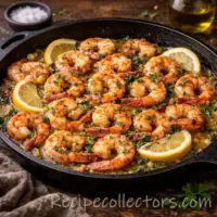 shrimp scampi skillet with lemon garlic butter sauce served in a pan on a very dark rustic oak wooden table