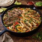 steak and chicken fajitas with peppers and onions in a sizzling skillet on a dark rustic wooden table