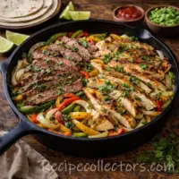 steak and chicken fajitas with peppers and onions in a sizzling skillet on a dark rustic wooden table