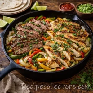 steak and chicken fajitas with peppers and onions in a sizzling skillet on a dark rustic wooden table