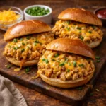 cheesy chicken sloppy joes with melted cheddar served on toasted buns on a dark rustic wooden table