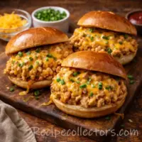 cheesy chicken sloppy joes with melted cheddar served on toasted buns on a dark rustic wooden table