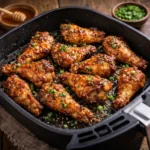 Spicy honey air fryer wings in een airfryer mand op een rustieke houten tafel, uitgezoomd met honing, chili flakes en verse kruiden ernaast
