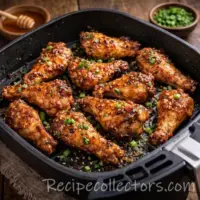 Spicy honey air fryer wings in een airfryer mand op een rustieke houten tafel, uitgezoomd met honing, chili flakes en verse kruiden ernaast