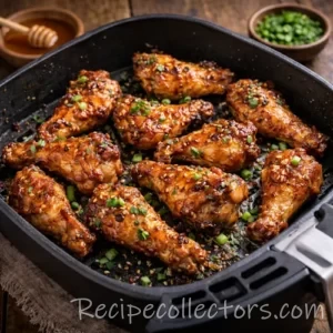 Spicy honey air fryer wings in een airfryer mand op een rustieke houten tafel, uitgezoomd met honing, chili flakes en verse kruiden ernaast