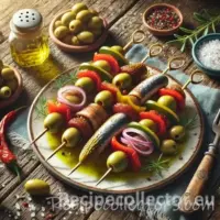 Spanish Banderillas tapas skewers with olives, anchovies, shrimp, tuna, and pickled vegetables served on a rustic platter.