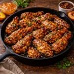 apricot chicken wings coated in a sticky glaze served on a dark rustic wooden table