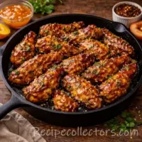 apricot chicken wings coated in a sticky glaze served on a dark rustic wooden table