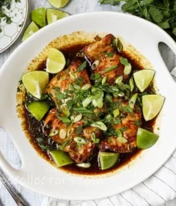 Sticky honey lime chicken skillet on a dark heavy rustic oak wooden table with visible grain and fresh limes