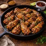 five spice chicken wings coated in a sticky glaze served on a dark rustic wooden table