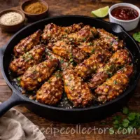 five spice chicken wings coated in a sticky glaze served on a dark rustic wooden table