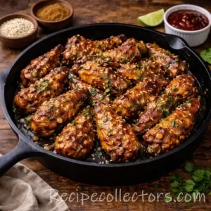 five spice chicken wings coated in a sticky glaze served on a dark rustic wooden table