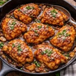 Sticky Honey Garlic Chicken Skillet met sappige kip in een kleverige honing-knoflooksaus, geserveerd in een gietijzeren pan op een robuuste houten tafel.