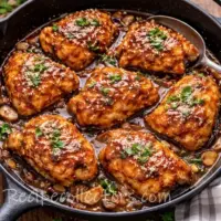 Sticky Honey Garlic Chicken coated in a glossy honey garlic sauce and garnished with sliced green onions.