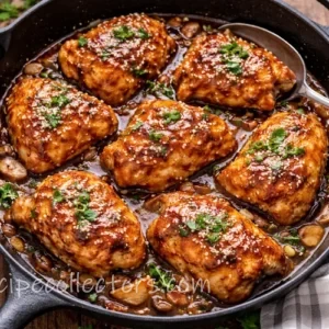 Sticky Honey Garlic Chicken Skillet met sappige kip in een kleverige honing-knoflooksaus, geserveerd in een gietijzeren pan op een robuuste houten tafel.