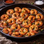 honey garlic shrimp coated in a sticky glaze served in a skillet on a very dark rustic oak wooden table