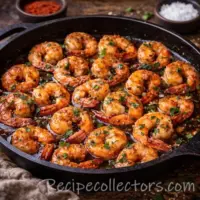 honey garlic shrimp coated in a sticky glaze served in a skillet on a very dark rustic oak wooden table