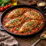 tomato basil chicken skillet with juicy chicken in garlic tomato sauce topped with fresh basil