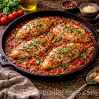 tomato basil chicken skillet with juicy chicken in garlic tomato sauce topped with fresh basil