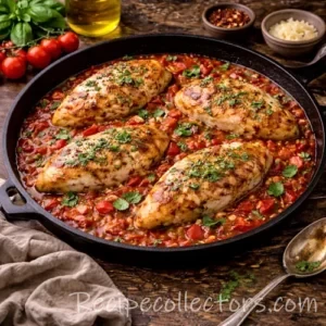 tomato basil chicken skillet with juicy chicken in garlic tomato sauce topped with fresh basil