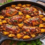 Caramelized Pineapple Glazed Chicken Skillet met gekarameliseerde ananas en sappige kip in een gietijzeren pan op een robuuste houten tafel.