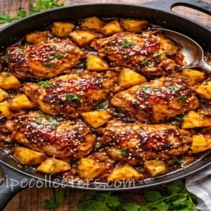 Caramelized Pineapple Glazed Chicken Skillet met gekarameliseerde ananas en sappige kip in een gietijzeren pan op een robuuste houten tafel.