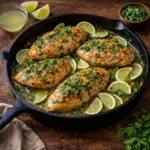 cilantro lime skillet chicken garnished with fresh cilantro in a pan on a dark rustic wooden table